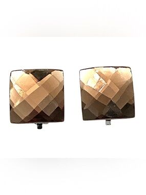 Vintage Smokey Topaz Color Square Faceted Gunmetal Clip On Earrings